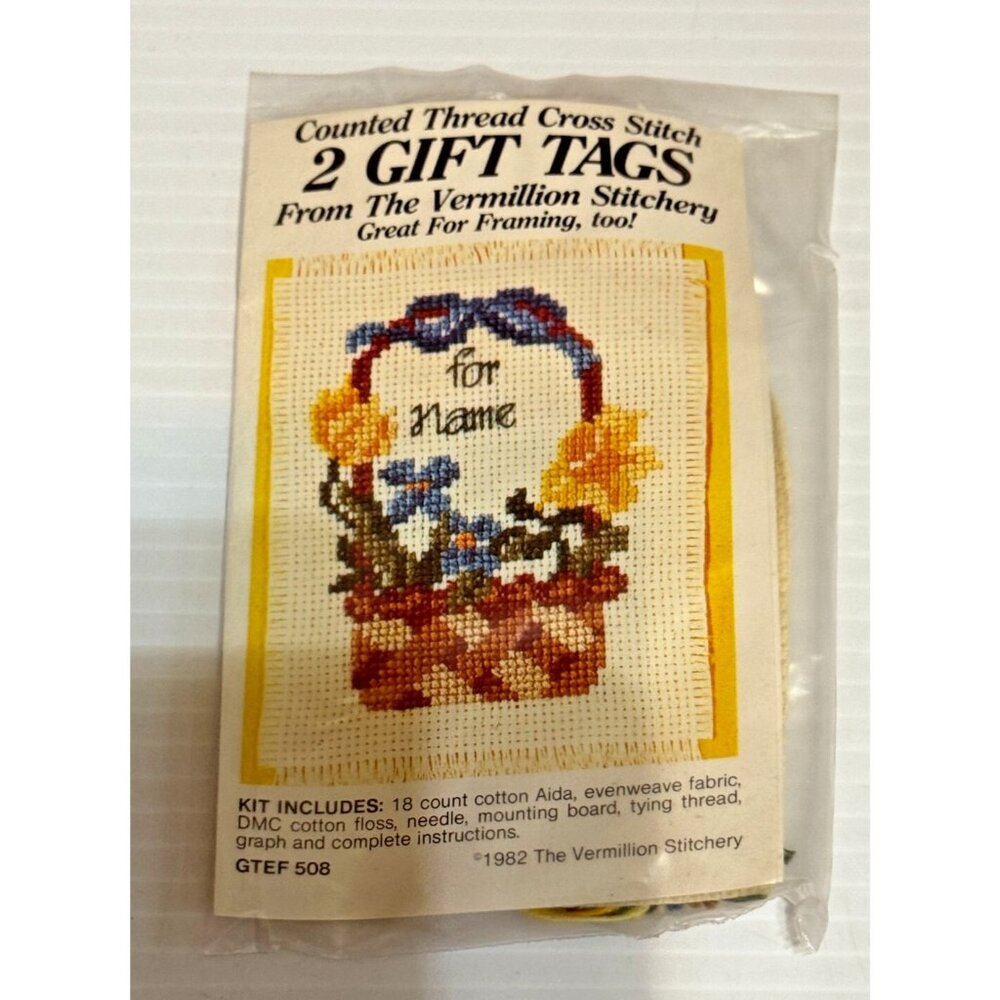 NEW Vermillion Stitchery 2 Gift Tags Cross Stitch Kit Flower Basket GTEF508‎